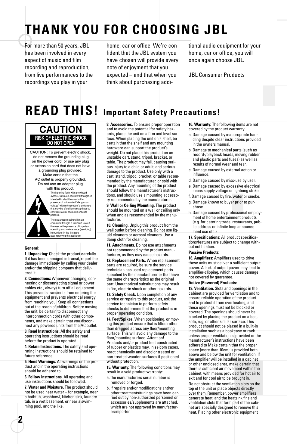 Caution, Important safety precautions | JBL ATX100S User Manual | Page 2 / 10