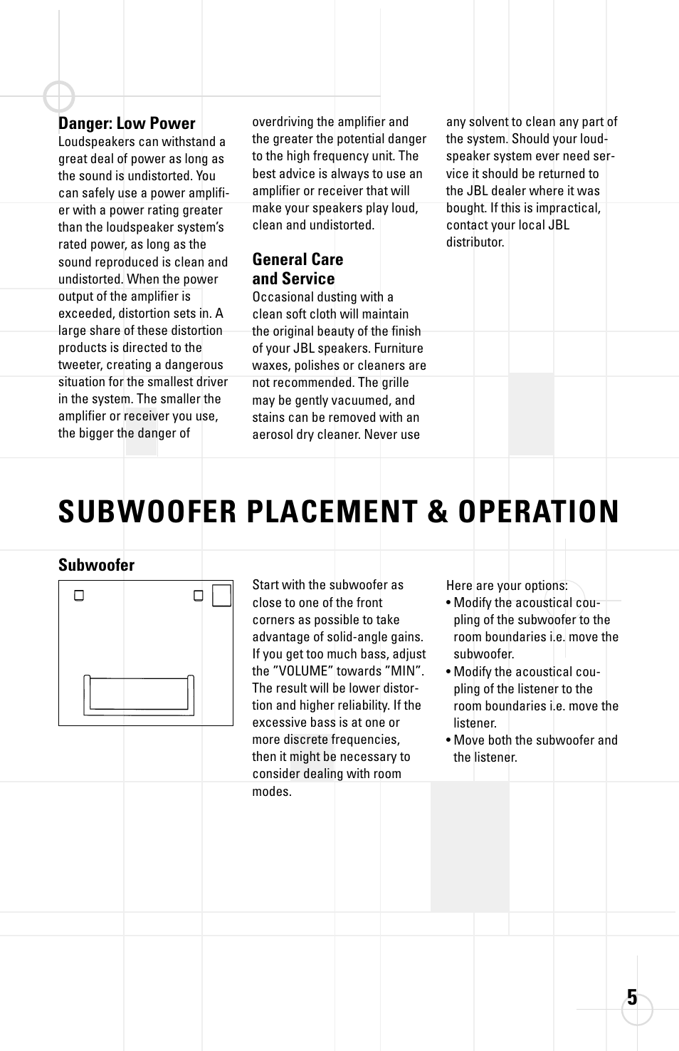 Subwoofer placement & operation | JBL ATX100S User Manual | Page 5 / 10