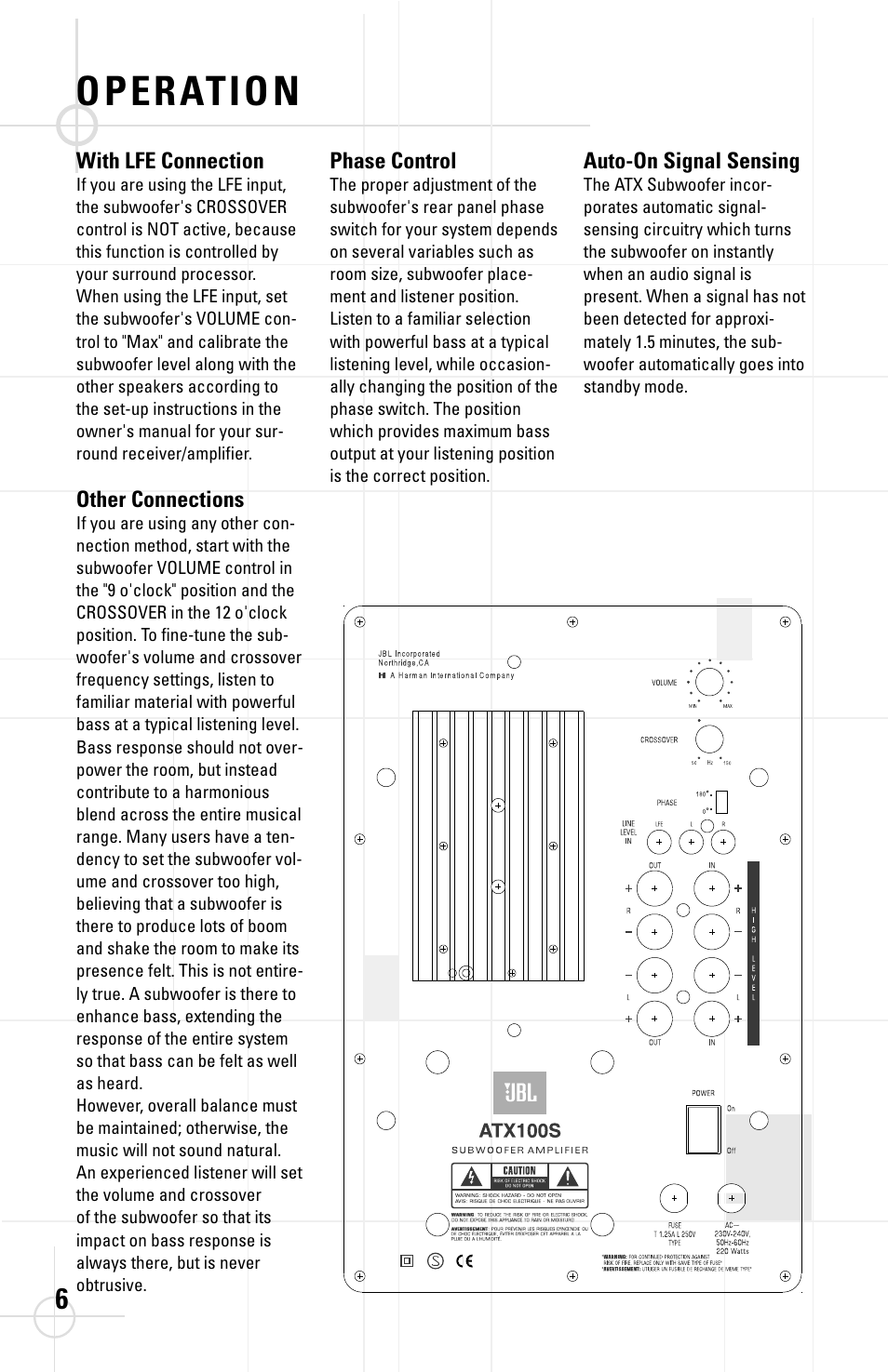 Operation, With lfe connection, Other connections | Phase control, Auto-on signal sensing | JBL ATX100S User Manual | Page 6 / 10