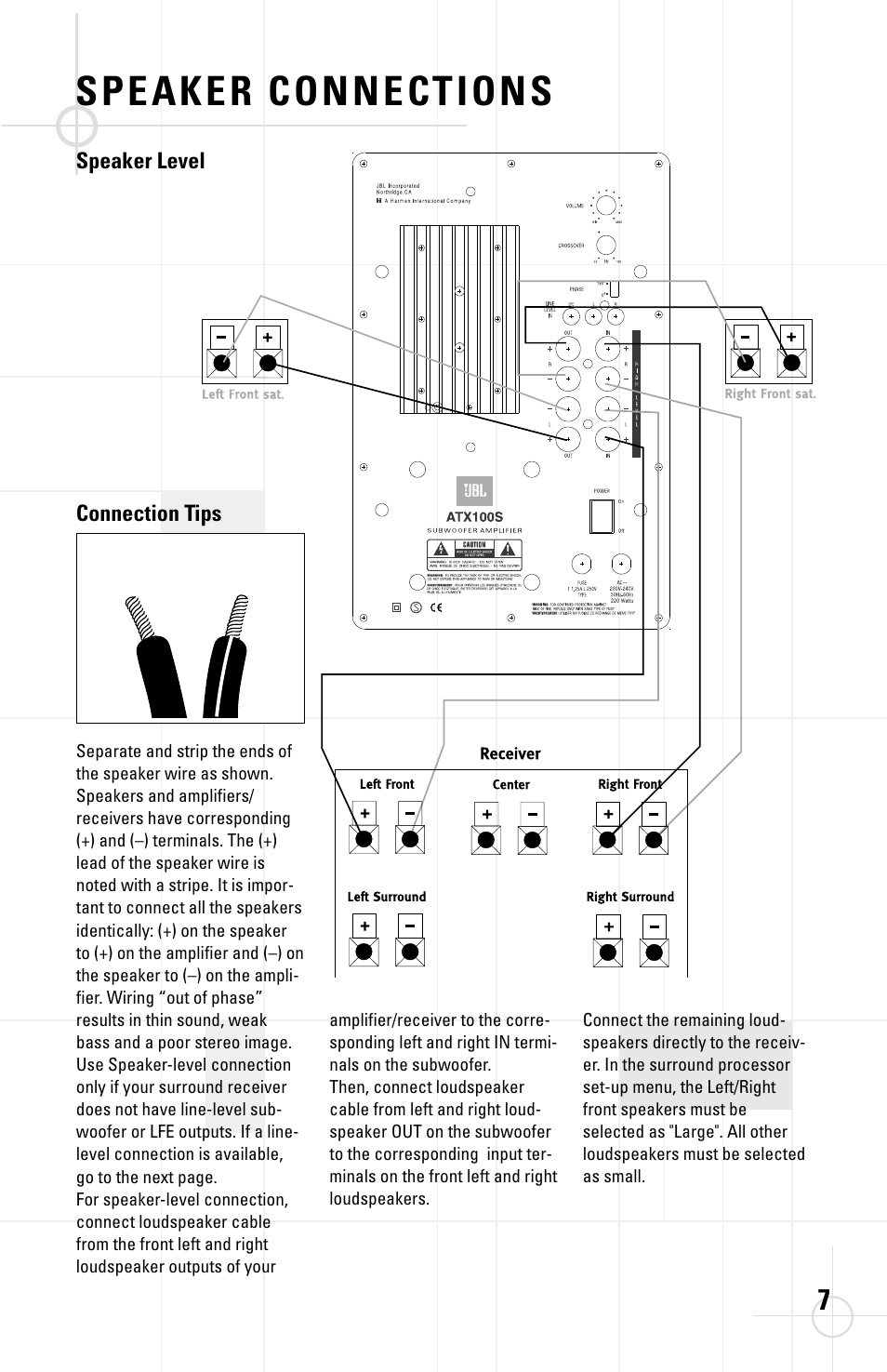 Speaker connections, Connection tips speaker level | JBL ATX100S User Manual | Page 7 / 10