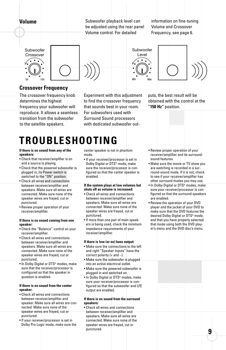 Troubleshooting, Volume, Crossover frequency | JBL ATX100S User Manual | Page 9 / 10