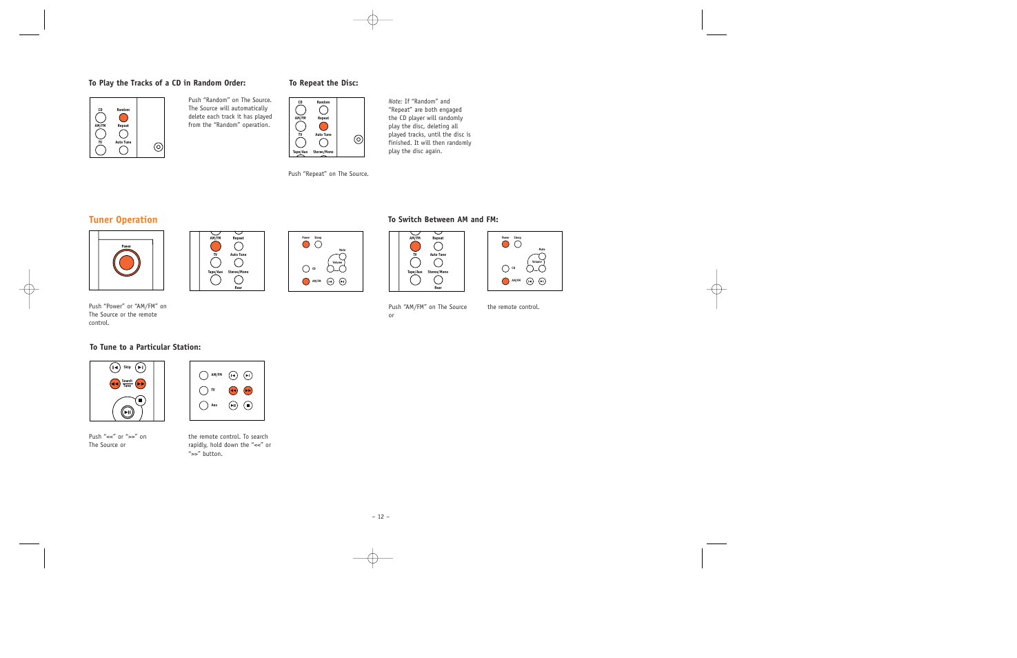 Tuner operation, Push “am/fm” on the source or the remote control | JBL ESC550 User Manual | Page 12 / 24