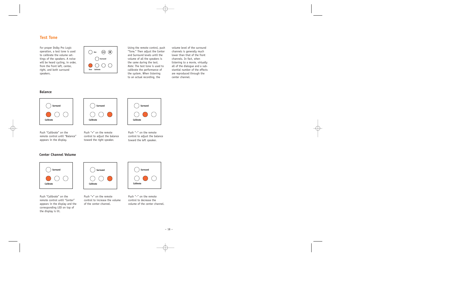 Test tone, Balance, Center channel volume | JBL ESC550 User Manual | Page 18 / 24