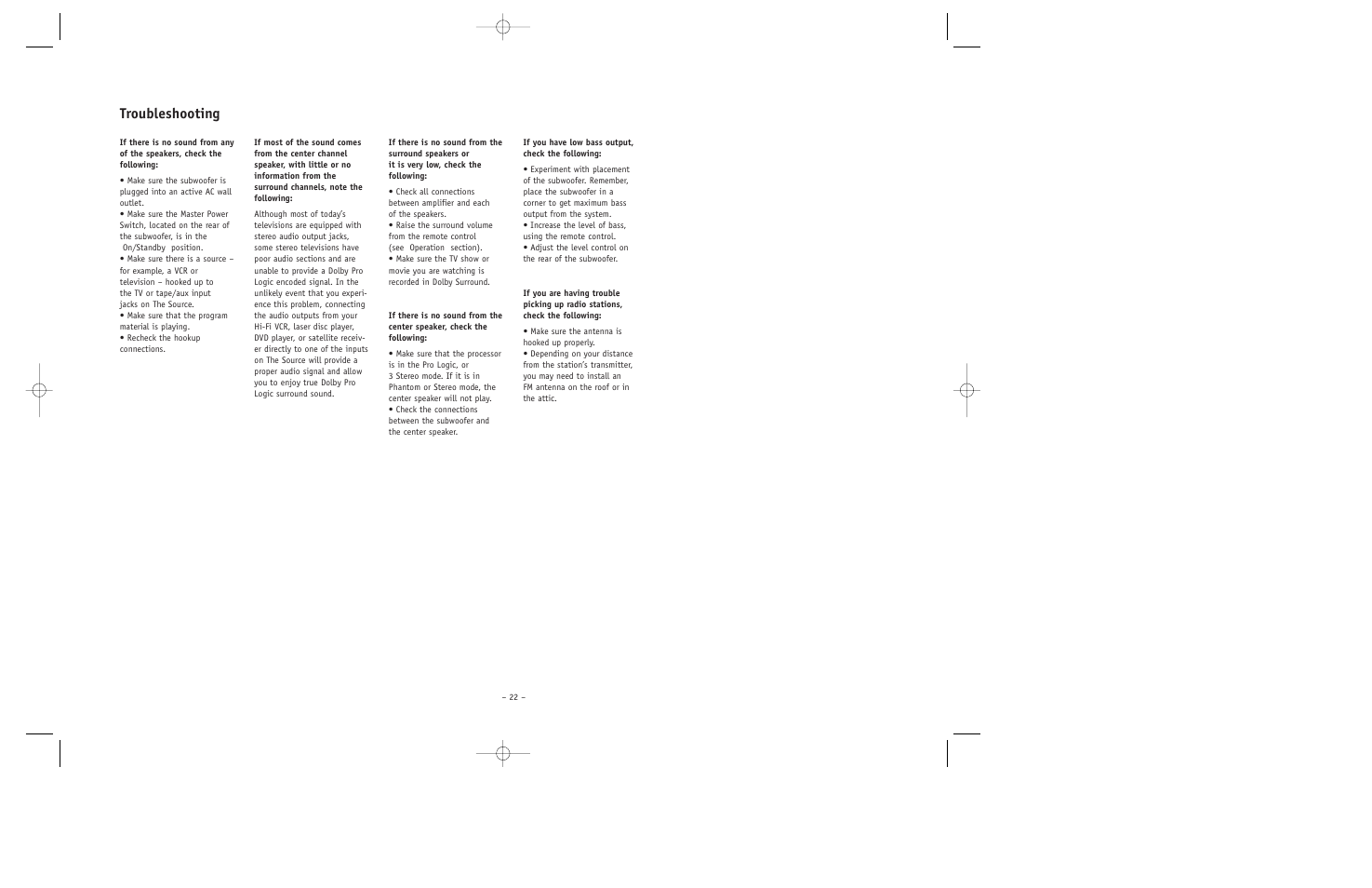 Troubleshooting | JBL ESC550 User Manual | Page 22 / 24