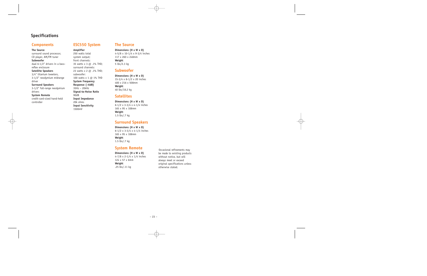 Specifications, Components, Esc550 system | The source, Subwoofer, Satellites, Surround speakers, System remote | JBL ESC550 User Manual | Page 23 / 24