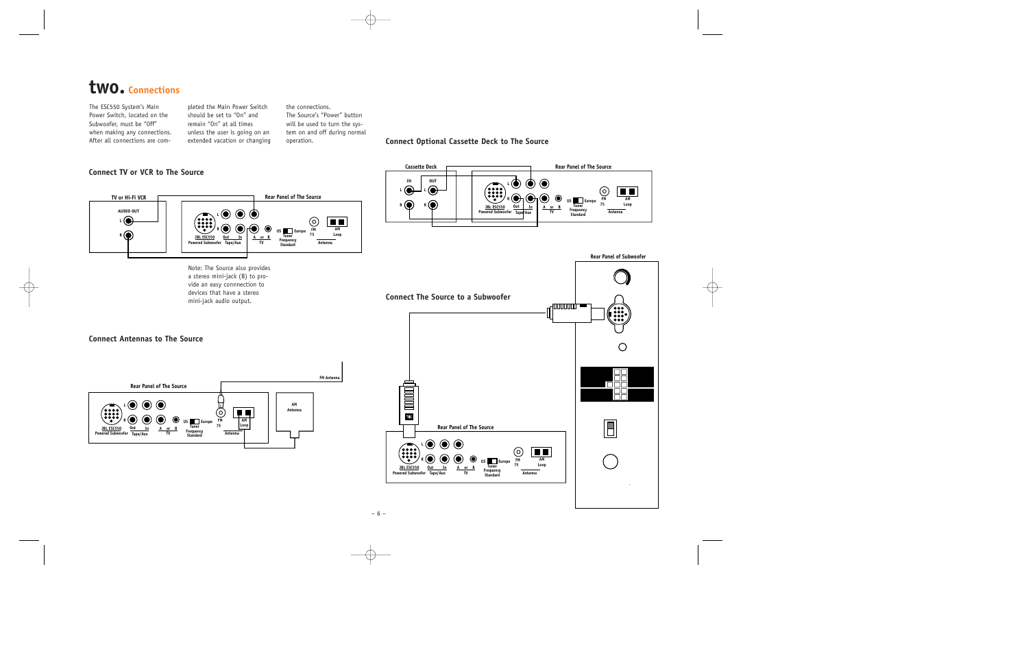 Connections, Connect tv or vcr to the source | JBL ESC550 User Manual | Page 6 / 24