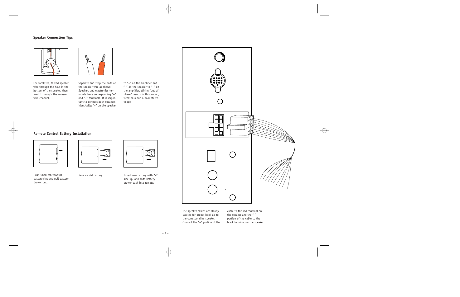 Speaker connection tips, Remote control battery installation | JBL ESC550 User Manual | Page 7 / 24