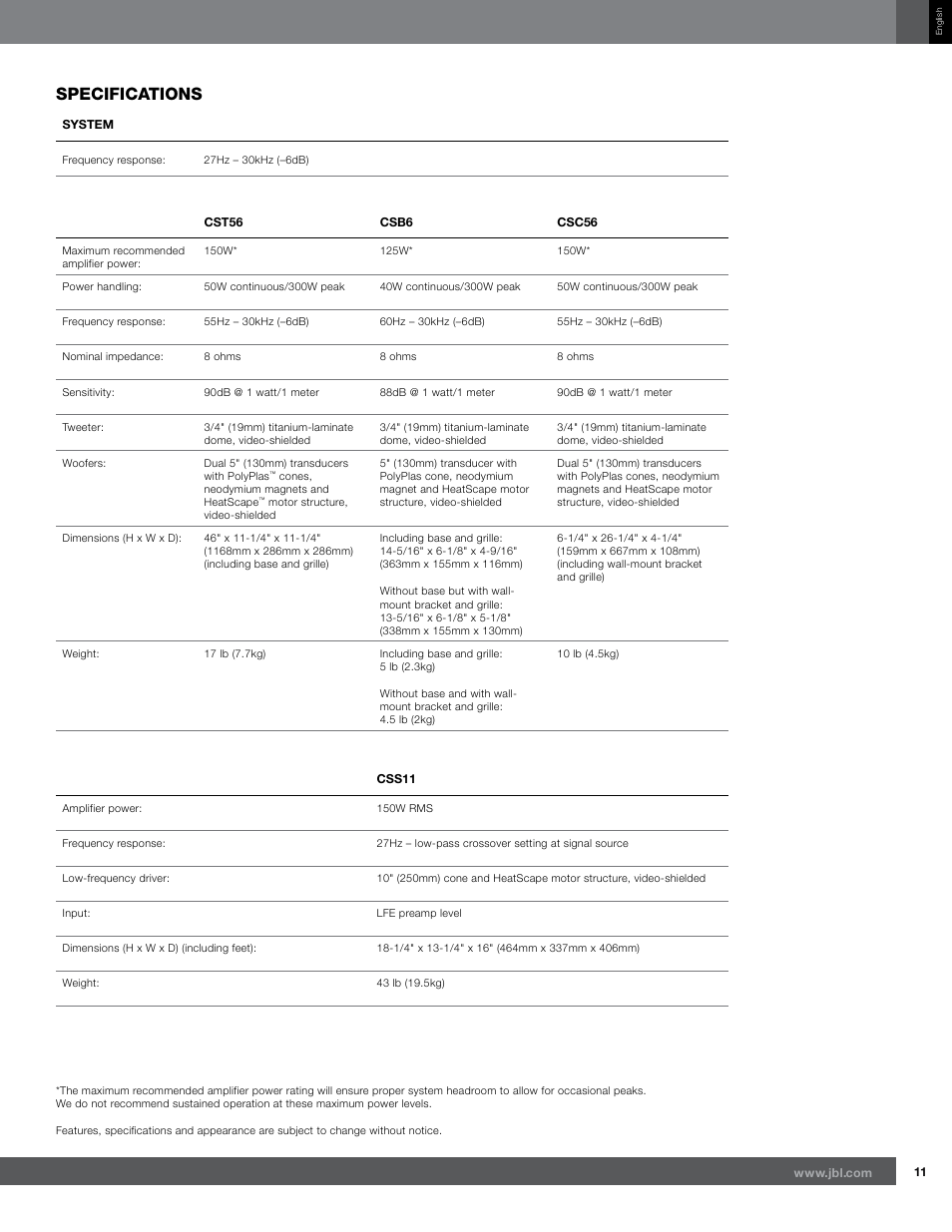 Specifications | JBL CSB6 User Manual | Page 11 / 12