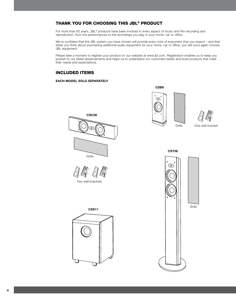 Product, Included items | JBL CSB6 User Manual | Page 4 / 12