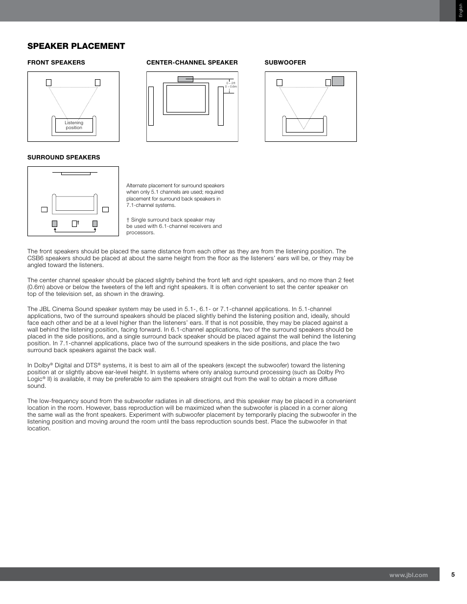 Speaker placement | JBL CSB6 User Manual | Page 5 / 12