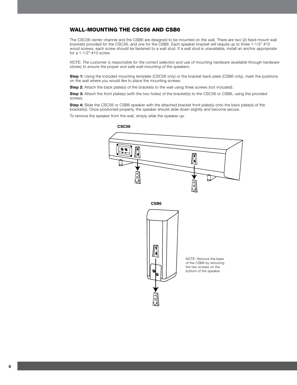 Wall-mounting the csc56 and csb6 | JBL CSB6 User Manual | Page 6 / 12