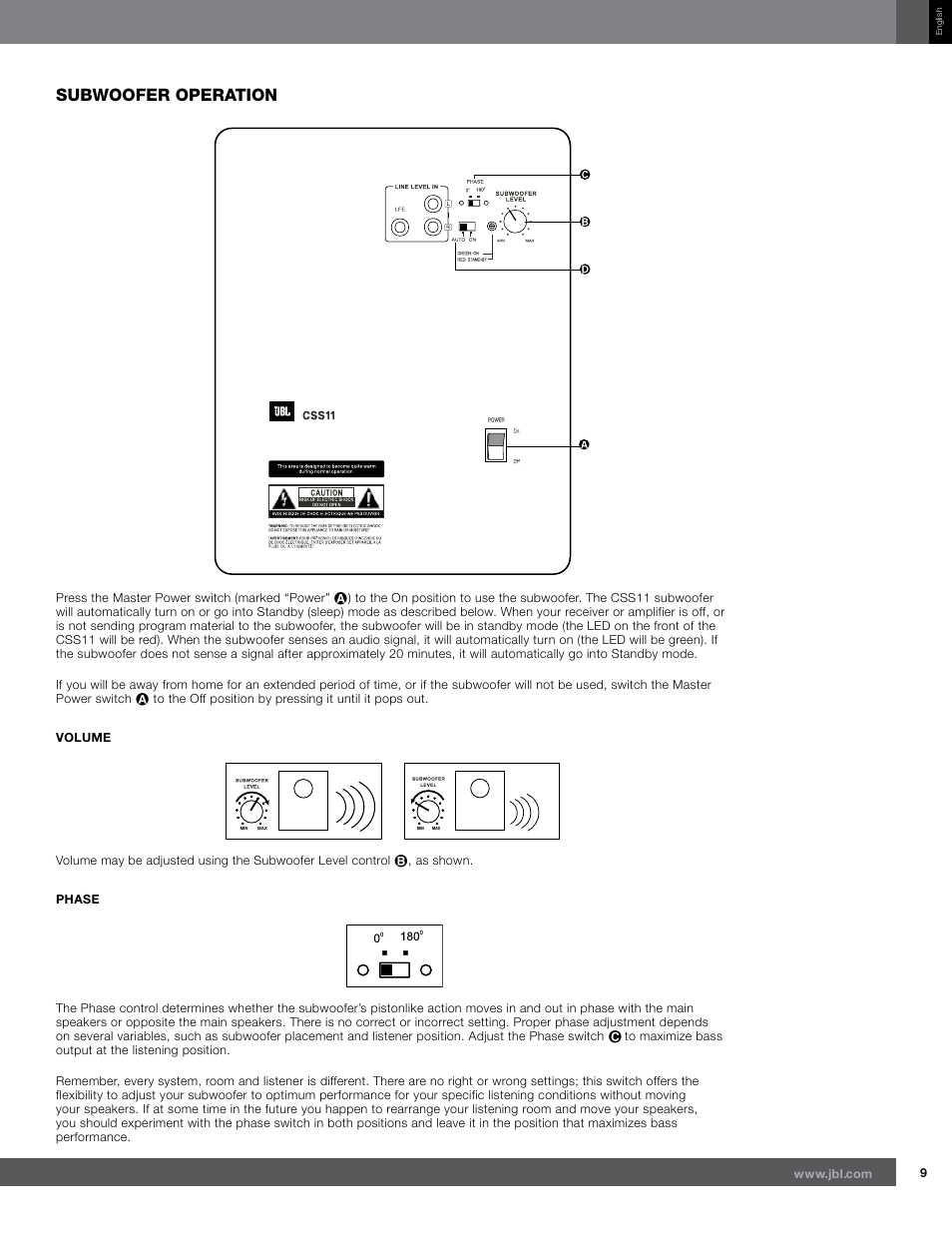 Subwoofer operation | JBL CSB6 User Manual | Page 9 / 12