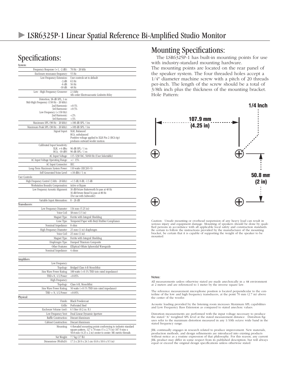 Mounting specifications | JBL LSR6325P-1 User Manual | Page 3 / 4