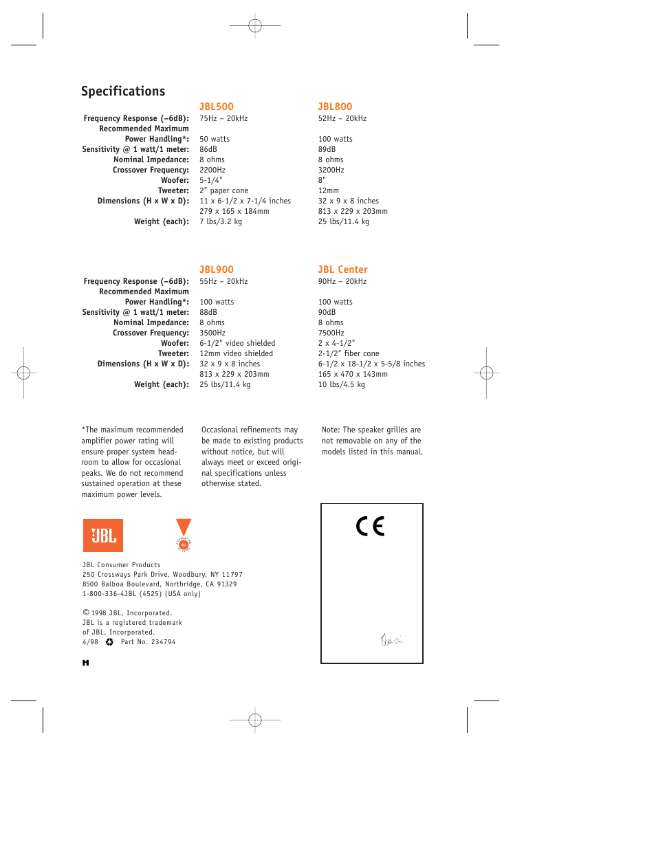 Specifications, Jbl900 jbl center | JBL 800 User Manual | Page 4 / 4