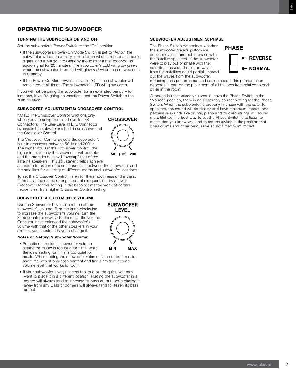 Operating the subwoofer | JBL 300 User Manual | Page 7 / 8