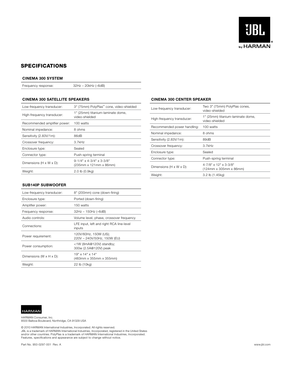 Specifications | JBL 300 User Manual | Page 8 / 8