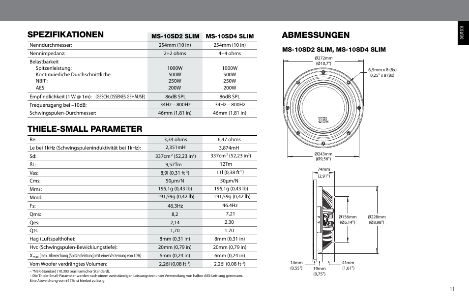 Spezifikationen, Thiele-small parameter, Abmessungen | JBL MS-10SD4 SLIM User Manual | Page 11 / 90