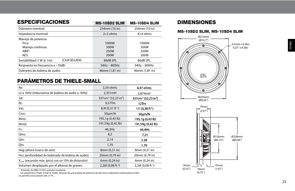 Especificaciones, Parámetros de thiele-small, Dimensiones | JBL MS-10SD4 SLIM User Manual | Page 23 / 90