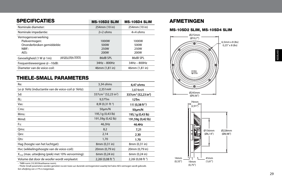 Specificaties, Thiele-small parameters, Afmetingen | JBL MS-10SD4 SLIM User Manual | Page 29 / 90