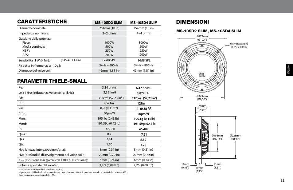 Caratteristiche, Parametri thiele-small, Dimensioni | JBL MS-10SD4 SLIM User Manual | Page 35 / 90