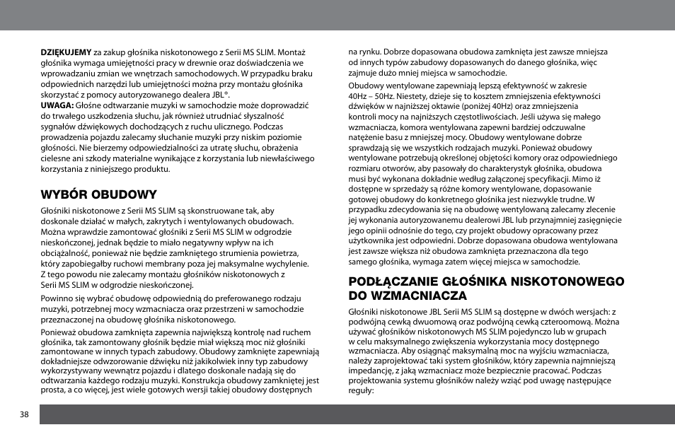 Wybór obudowy, Podłączanie głośnika niskotonowego do wzmacniacza | JBL MS-10SD4 SLIM User Manual | Page 38 / 90