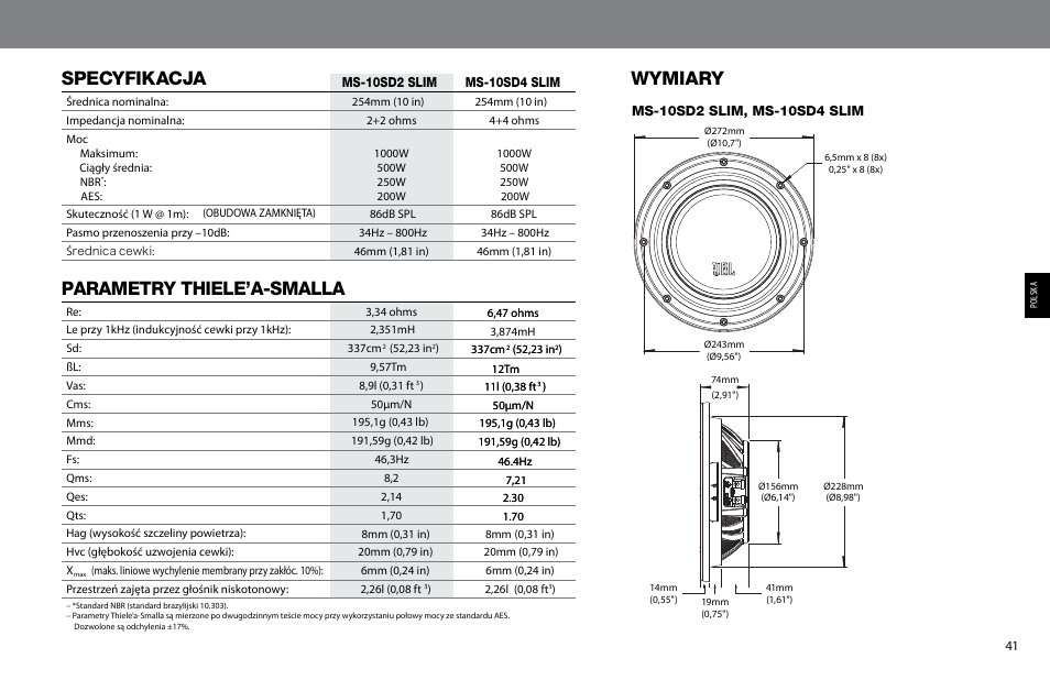 Specyfikacja, Parametry thiele’a-smalla, Wymiary | JBL MS-10SD4 SLIM User Manual | Page 41 / 90