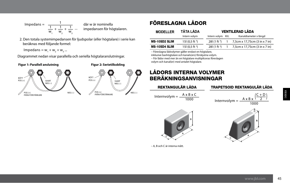 Föreslagna lådor, Lådors interna volymer beräkningsanvisningar | JBL MS-10SD4 SLIM User Manual | Page 45 / 90