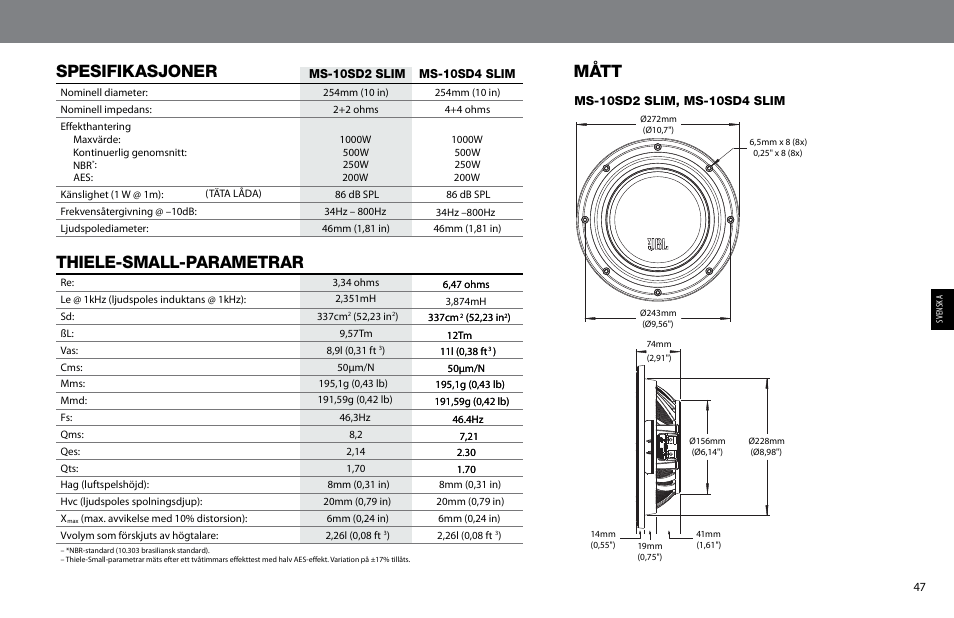 Spesifikasjoner, Thiele-small-parametrar, Mått | JBL MS-10SD4 SLIM User Manual | Page 47 / 90