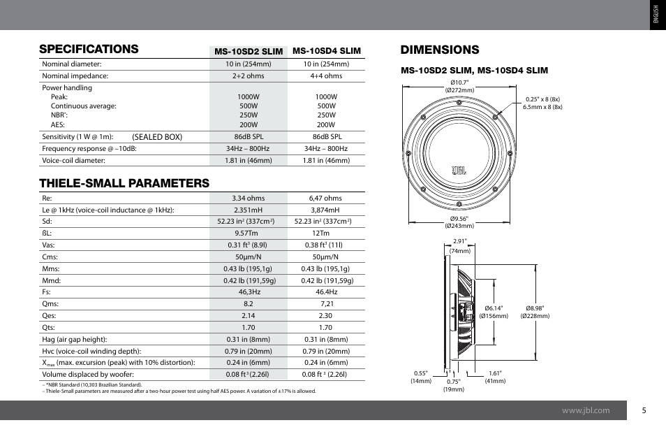 Specifications, Thiele-small parameters, Dimensions | JBL MS-10SD4 SLIM User Manual | Page 5 / 90