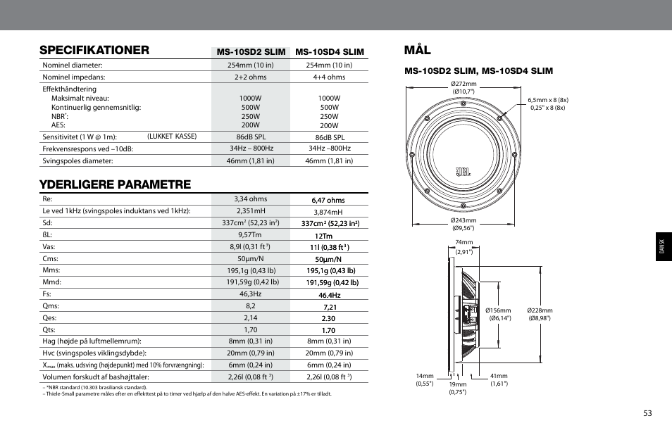 Specifikationer, Yderligere parametre | JBL MS-10SD4 SLIM User Manual | Page 53 / 90