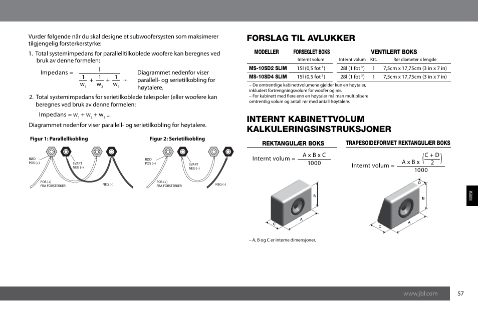 Forslag til avlukker, Internt kabinettvolum kalkuleringsinstruksjoner | JBL MS-10SD4 SLIM User Manual | Page 57 / 90