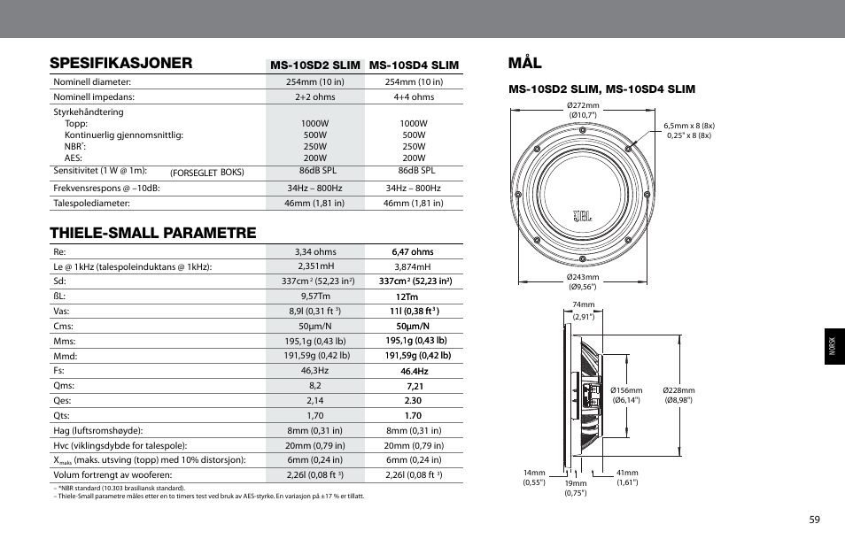 Spesifikasjoner, Thiele-small parametre | JBL MS-10SD4 SLIM User Manual | Page 59 / 90