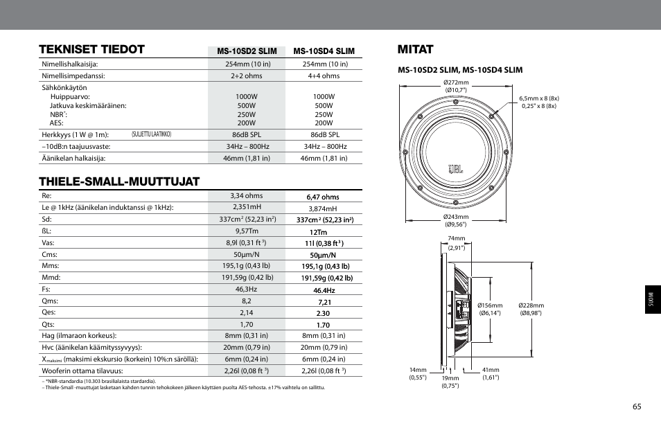 Tekniset tiedot, Thiele-small-muuttujat, Mitat | JBL MS-10SD4 SLIM User Manual | Page 65 / 90