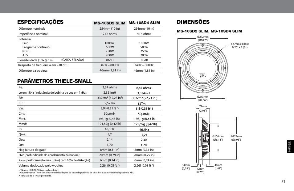 Especificações, Parâmetros thiele-small, Dimensões | JBL MS-10SD4 SLIM User Manual | Page 71 / 90