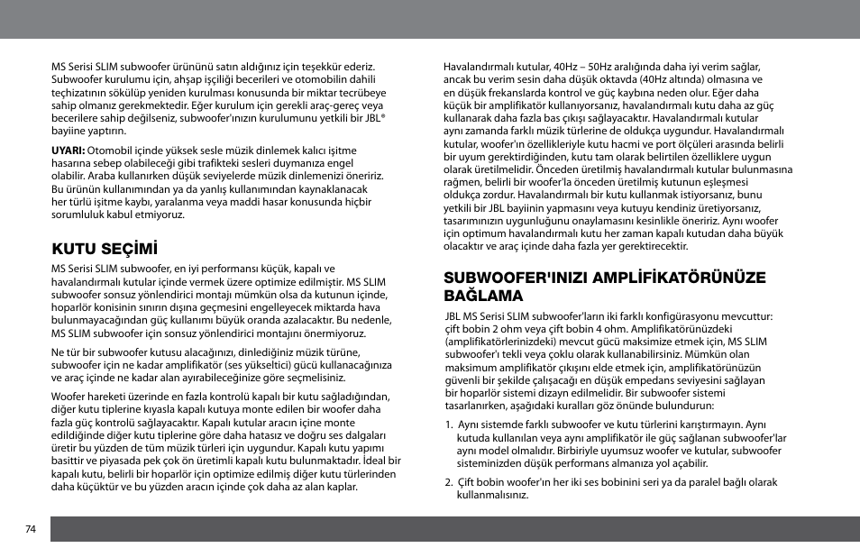 Kutu seçimi, Subwoofer'inizi amplifikatörünüze bağlama | JBL MS-10SD4 SLIM User Manual | Page 74 / 90