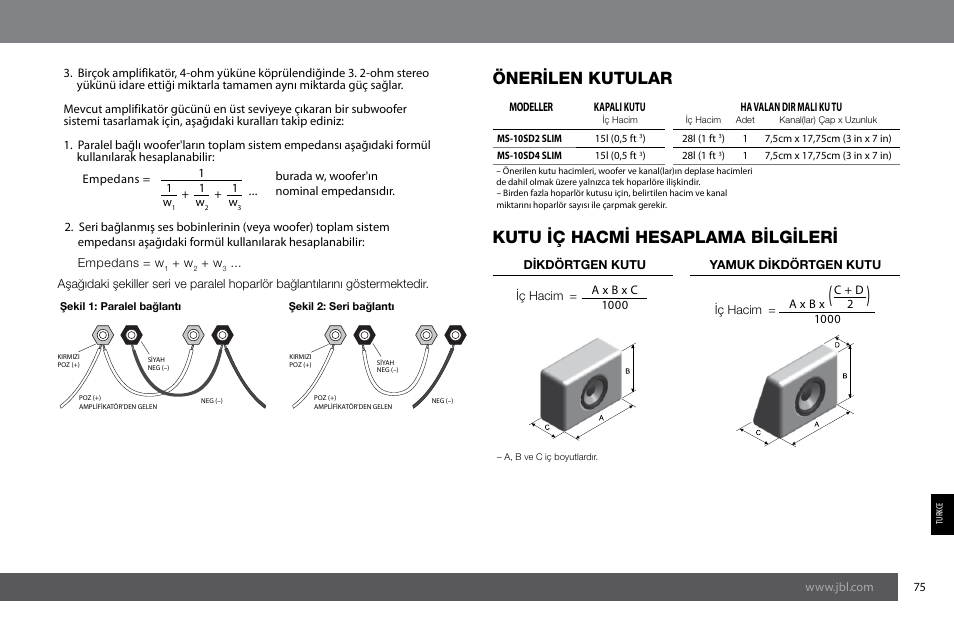 Önerilen kutular, Kutu iç hacmi hesaplama bilgileri | JBL MS-10SD4 SLIM User Manual | Page 75 / 90