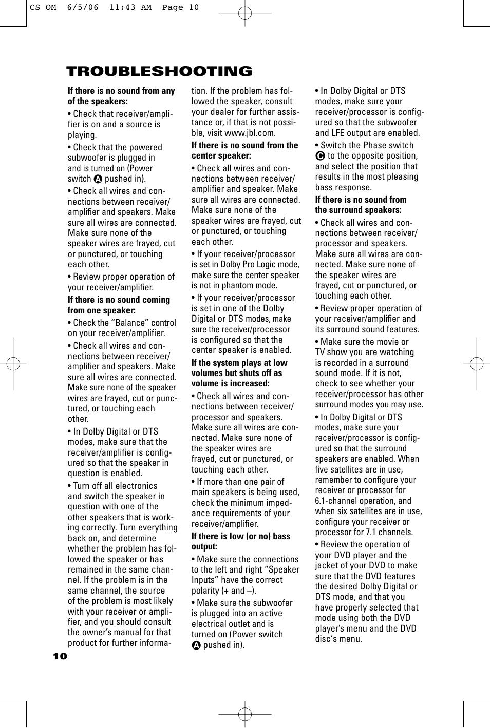 Troubleshooting | JBL CSB5 User Manual | Page 10 / 12