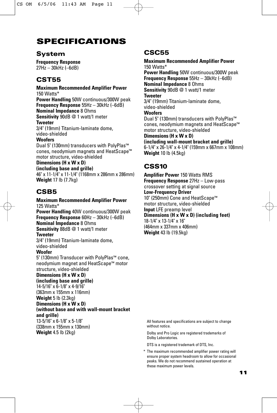 Specifications, System, Cst55 | Csb5, Csc55, Css10 | JBL CSB5 User Manual | Page 11 / 12