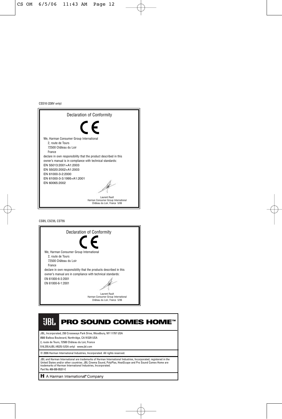 Pro sound comes home, Declaration of conformity | JBL CSB5 User Manual | Page 12 / 12