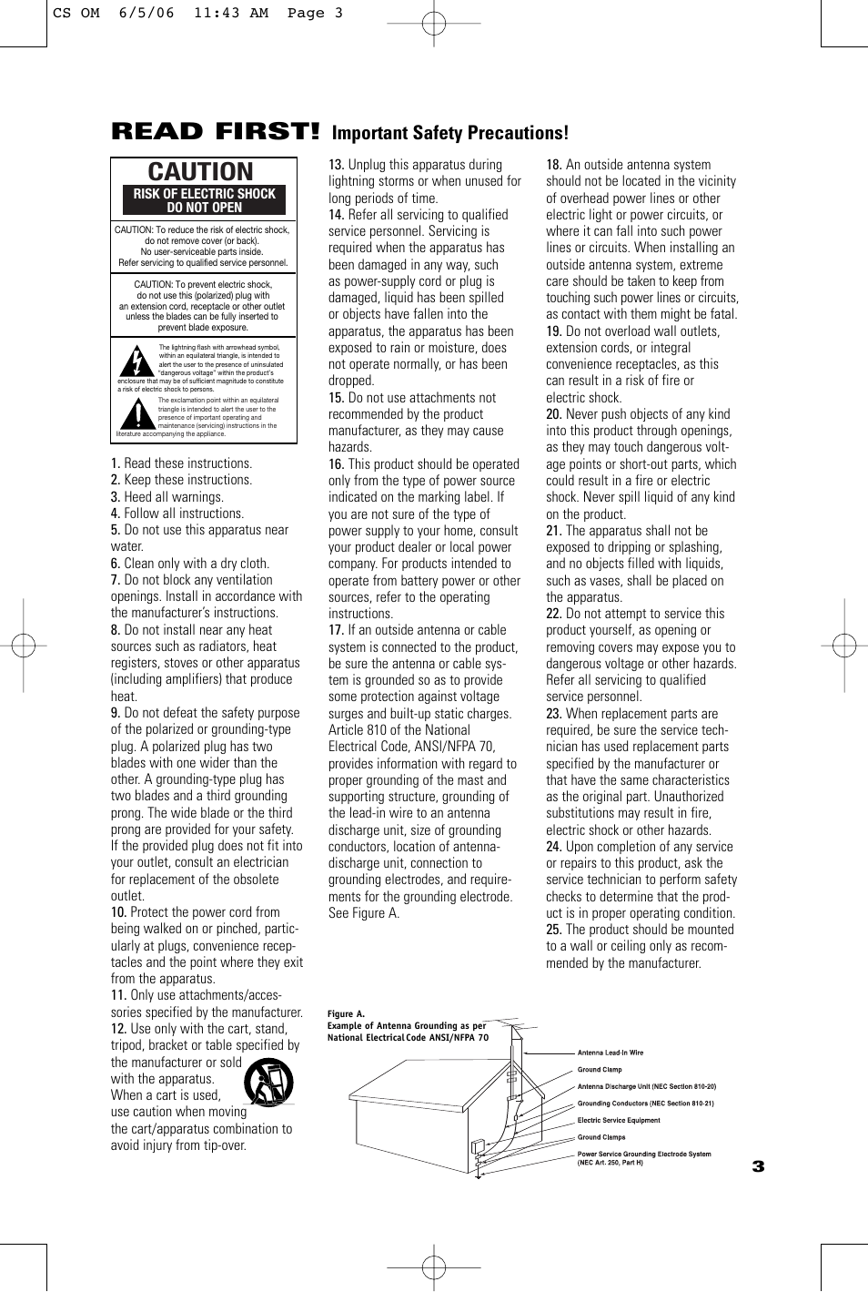 Caution, Read first, Important safety precautions | Risk of electric shock do not open | JBL CSB5 User Manual | Page 3 / 12