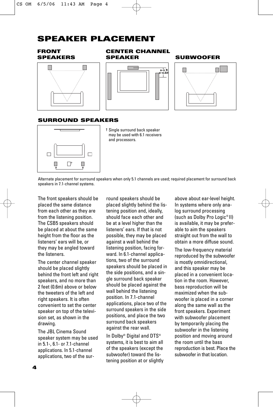 Speaker placement | JBL CSB5 User Manual | Page 4 / 12