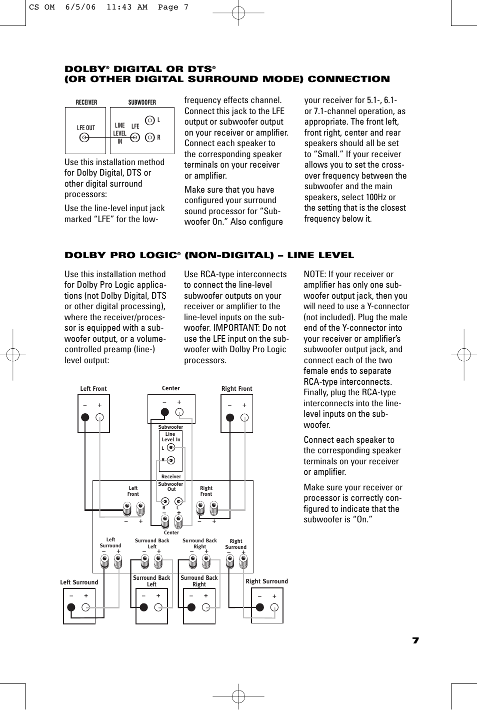 7dolby pro logic, Non-digital) – line level, Dolby | Digital or dts, Or other digital surround mode) connection | JBL CSB5 User Manual | Page 7 / 12