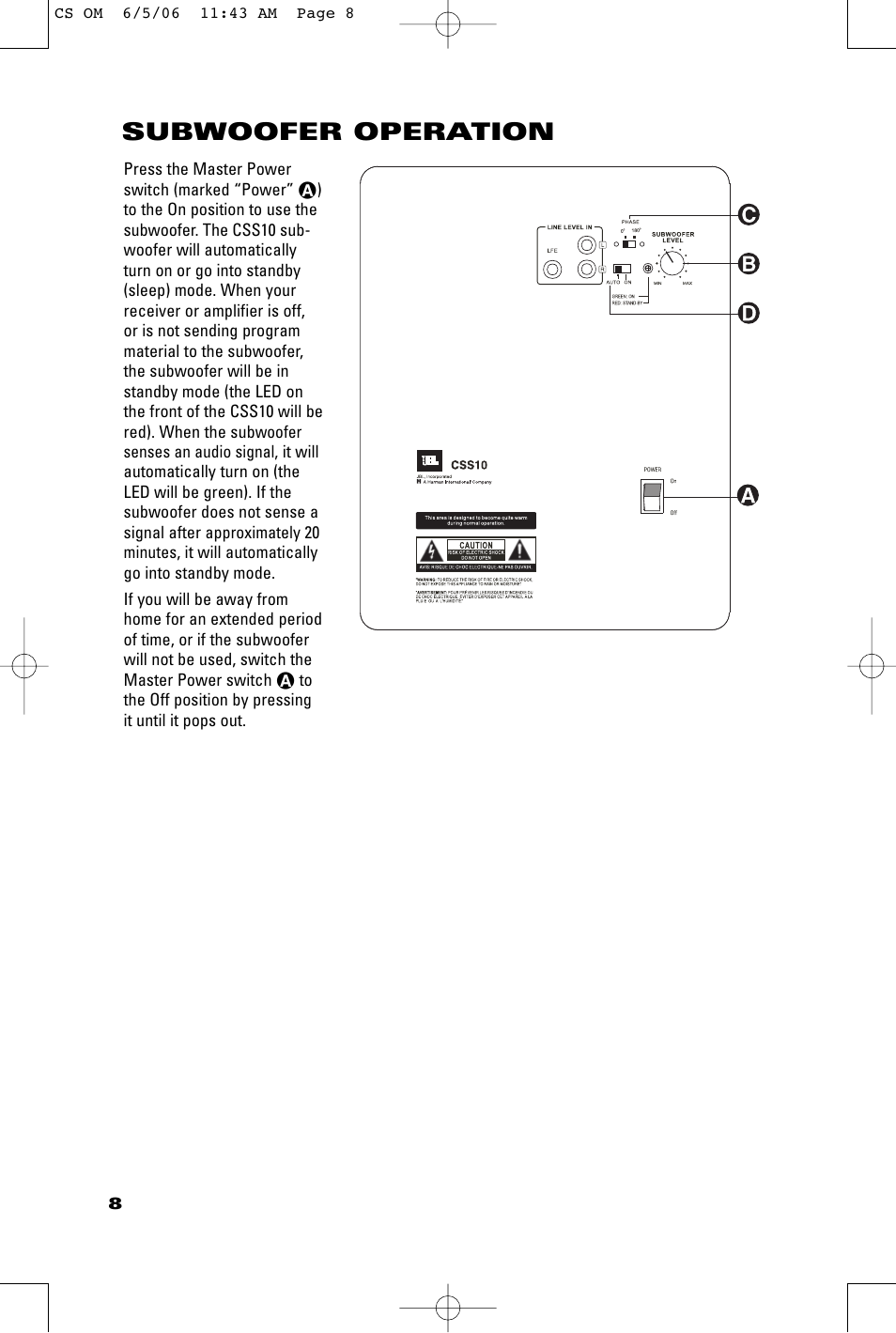 Subwoofer operation | JBL CSB5 User Manual | Page 8 / 12