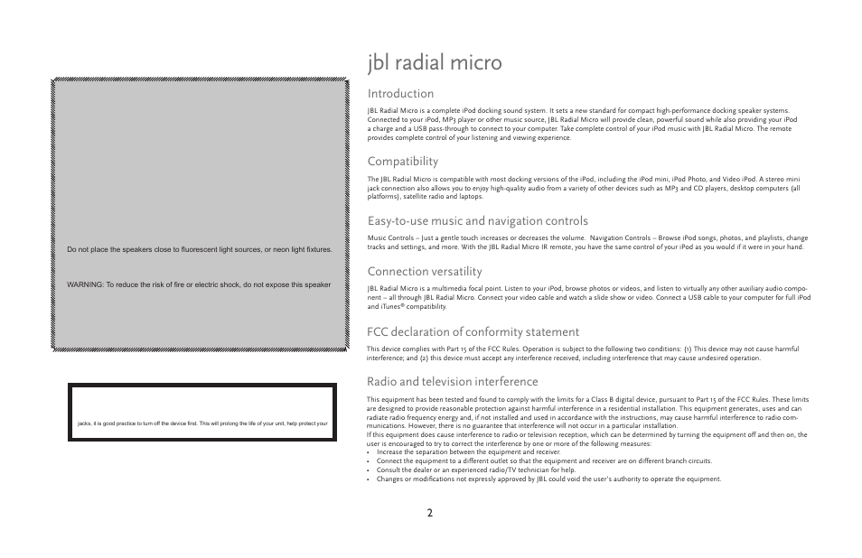 Jbl radial micro, Fcc declaration of conformity statement, Radio and television interference | Introduction, Compatibility, Easy-to-use music and navigation controls, Connection versatility | JBL radial micro User Manual | Page 2 / 9