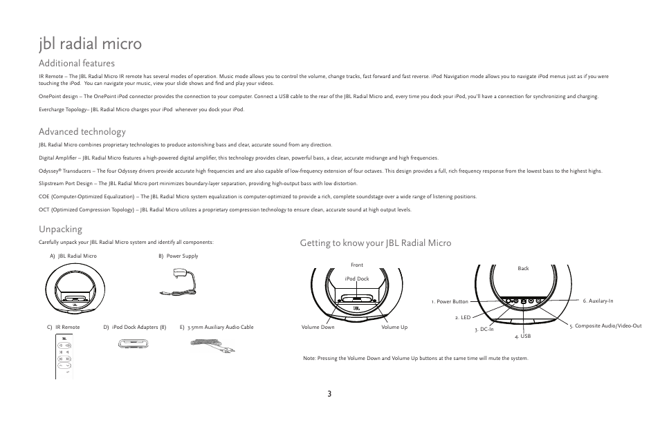 Jbl radial micro, Additional features, Advanced technology | Unpacking, Getting to know your jbl radial micro | JBL radial micro User Manual | Page 3 / 9