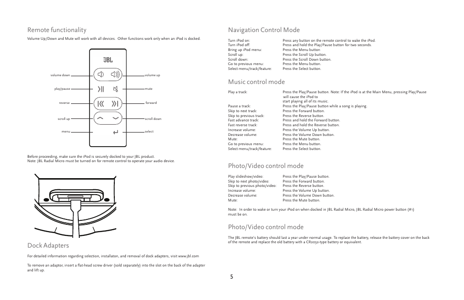 Remote functionality, Navigation control mode, Music control mode | Photo/video control mode, Dock adapters | JBL radial micro User Manual | Page 5 / 9