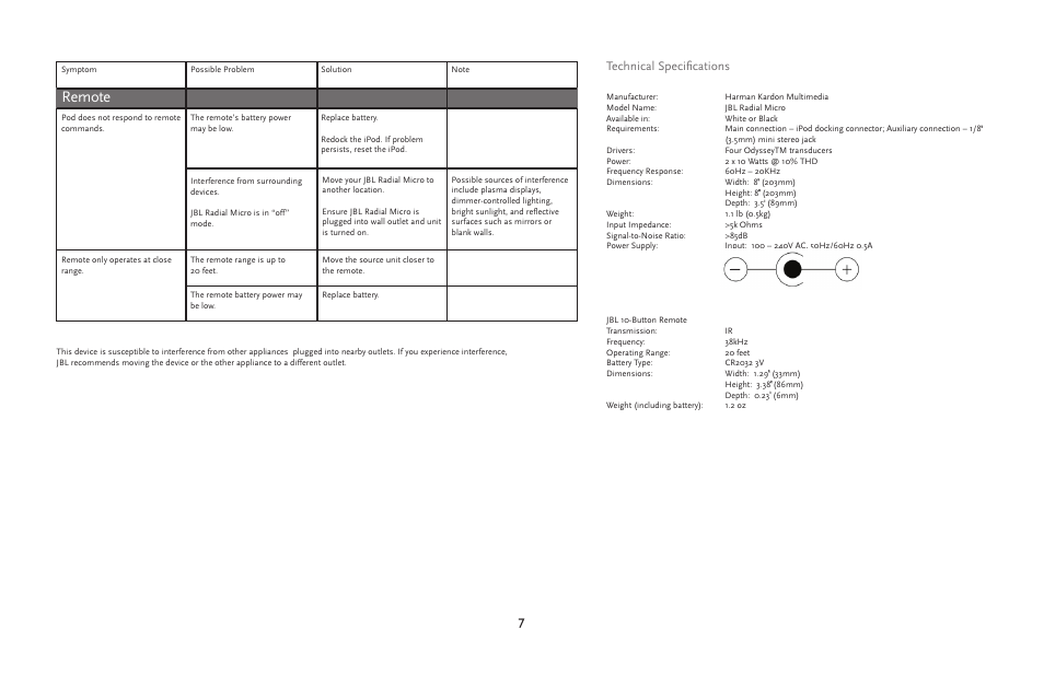 Remote, Technical specifications | JBL radial micro User Manual | Page 7 / 9