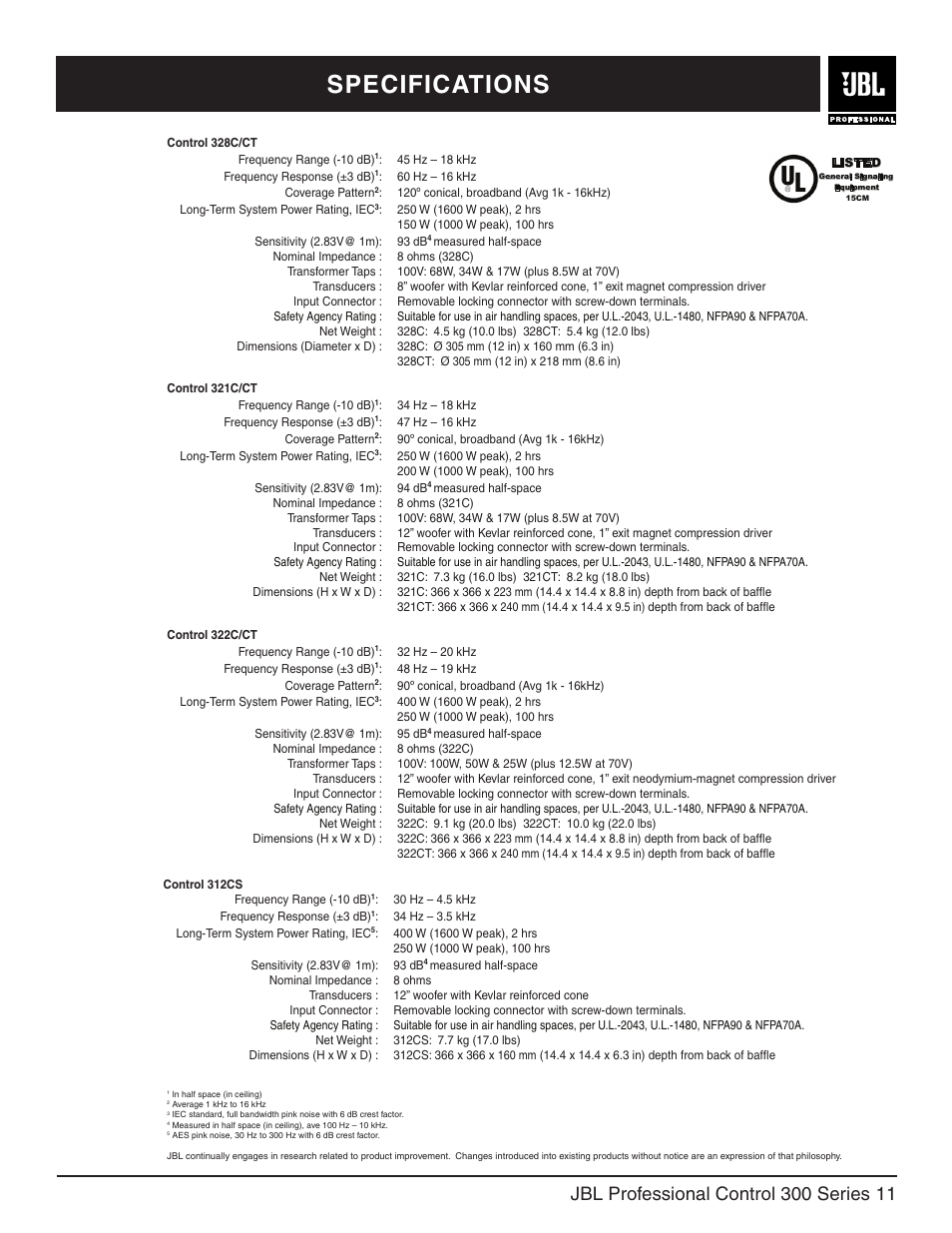 Specifications | JBL Control 322CT User Manual | Page 11 / 12