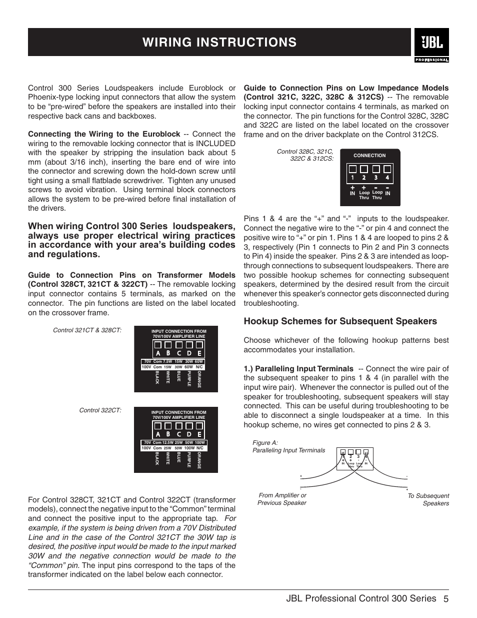 Wiring instructions, 5jbl professional control 300 series, Hookup schemes for subsequent speakers | JBL Control 322CT User Manual | Page 5 / 12