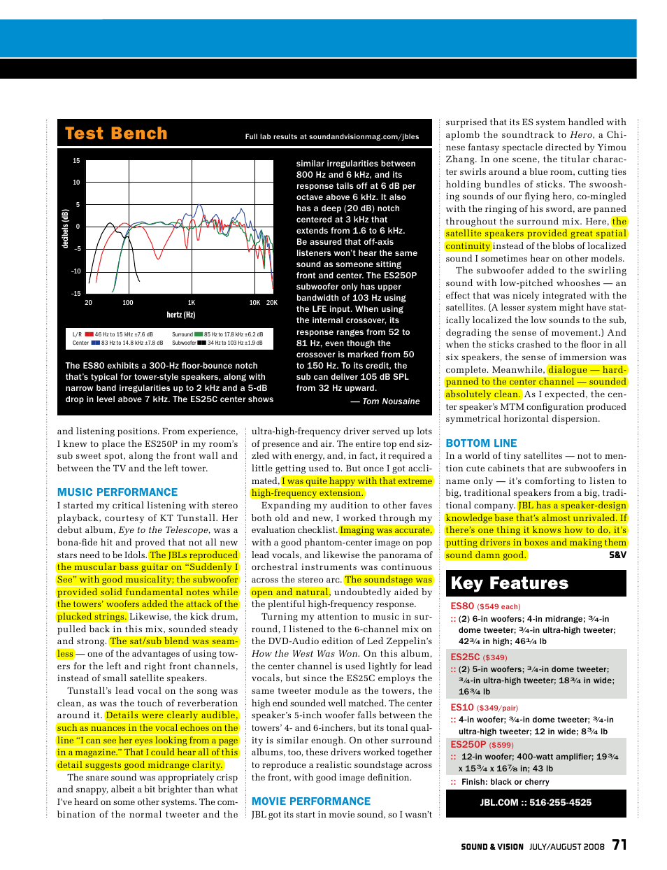 Key features test bench, Music performance, Movie performance | Bottom line | JBL ES10 User Manual | Page 2 / 2